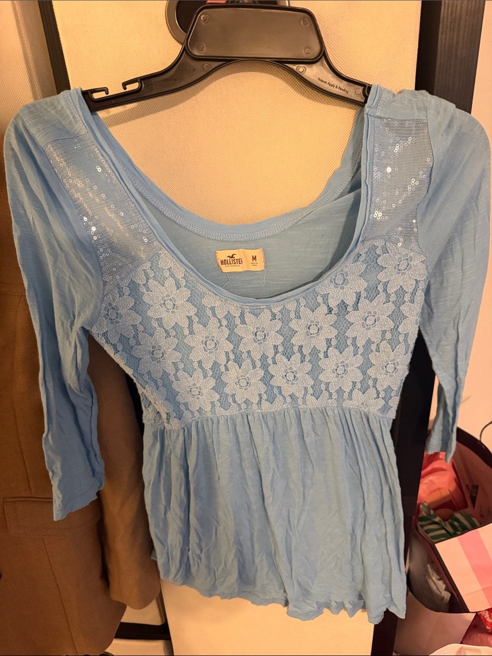 Hollister Light Blue Floral Lace Scoop Neck Tunic with Sequin Detail